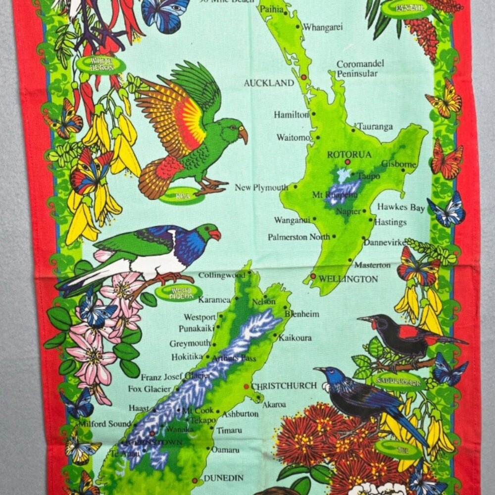 Pro Kiwi Linen Tea Dish Towel Souvenir Mudmen Birds Polynesian Island 18.5 x 32"